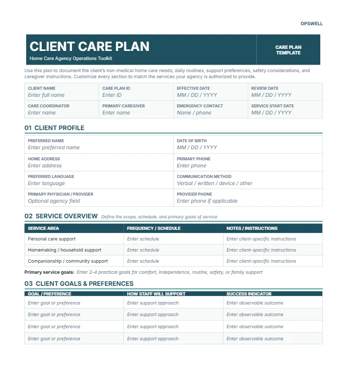 Client Care Plan Form & Assessment